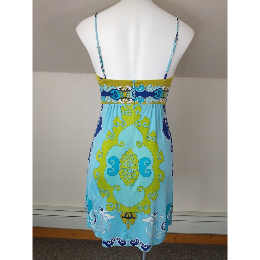 Trina Turk 100% Silk Dress Blue Green Psychedelic Print Empire Waist Size 2 Sexy - Picture 3 of 15